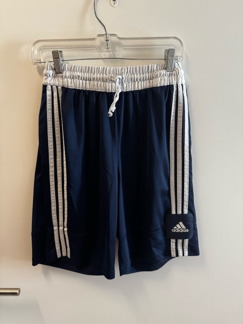 adidas Navy Athletic Shorts with White Waistband and Stripes